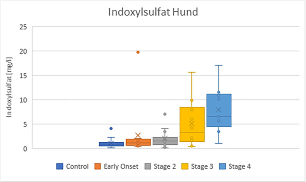 Laboklin: Indoxyl sulphate concentrations in dogs and cats with CKD, depending on the IRIS stage