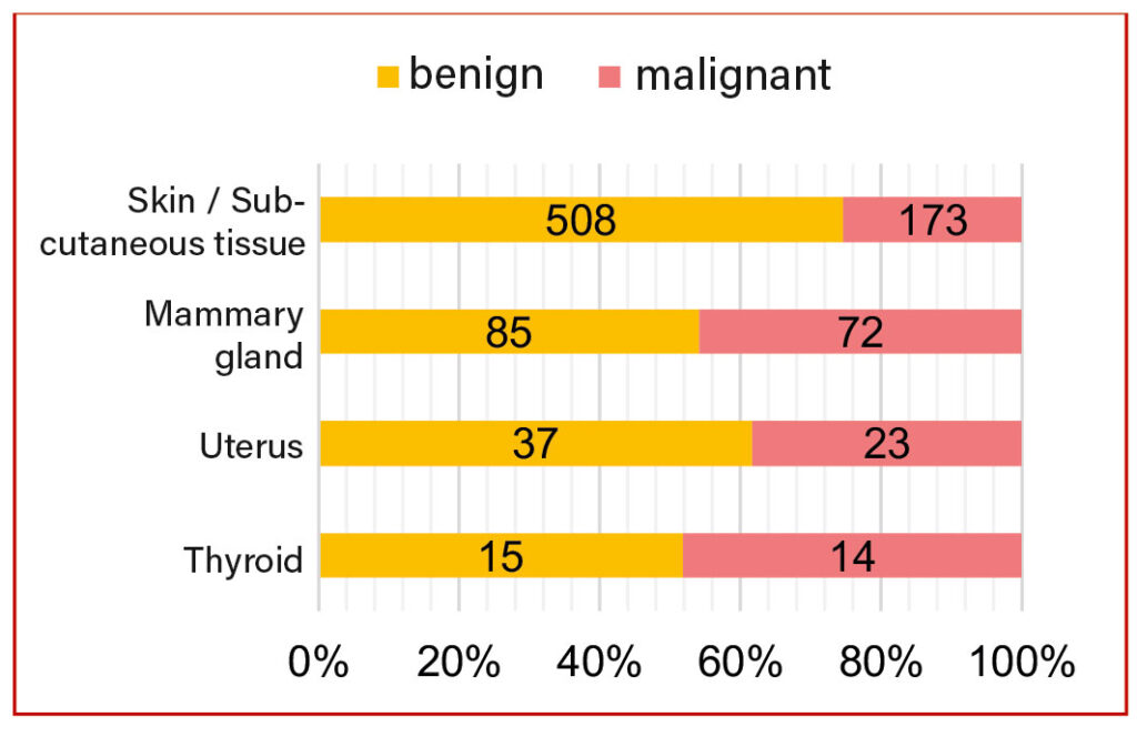 Distribution of benign and malignant tumours across the most frequently submitted anatomical sites