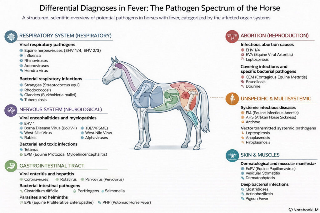 Differential diagnoses of the most common pathogens in horses with fever, grouped by organ system